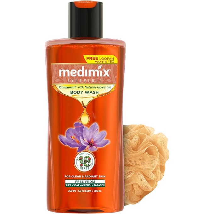 Medimix Ayurvedic Bodywash, Kumkumadi with Natural Glycerine for radiant & revived skin 250 + 50 ml | Shower Gel for Deep Hydration, Replenished & Glowing skin | Herbal | Paraben-free | Sulphate-free